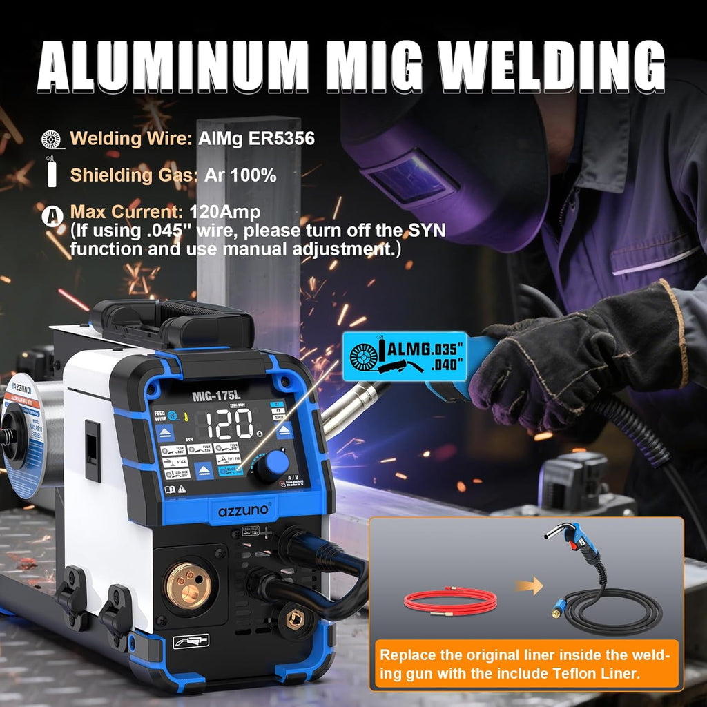 AZZUNO Aluminum MIG Welder 175Amp, 110V/220V Dual Vlotage 5 in 1 Gas MAG/Aluminum MIG/Gasless Flux Core Welder/Stick/Lift TIG Welding Machine, Wire Feed Welder Machine with Semi-enclosed Structure