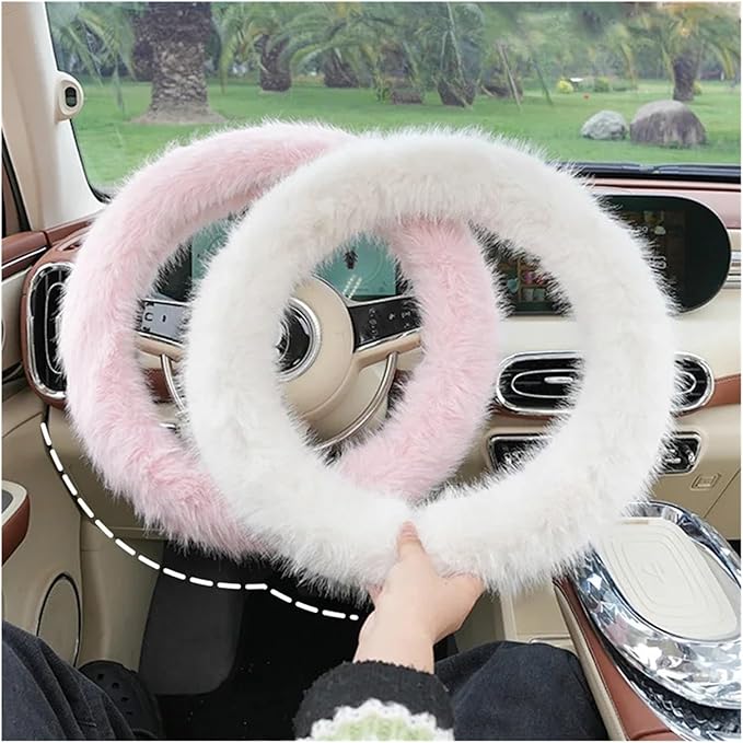 Car Steering Wheel Cover Handlebar Cover for Girls Winter Plush Warm Non-Slip Simple Women's Pink Handlebar Cover(Plush Double Pink)