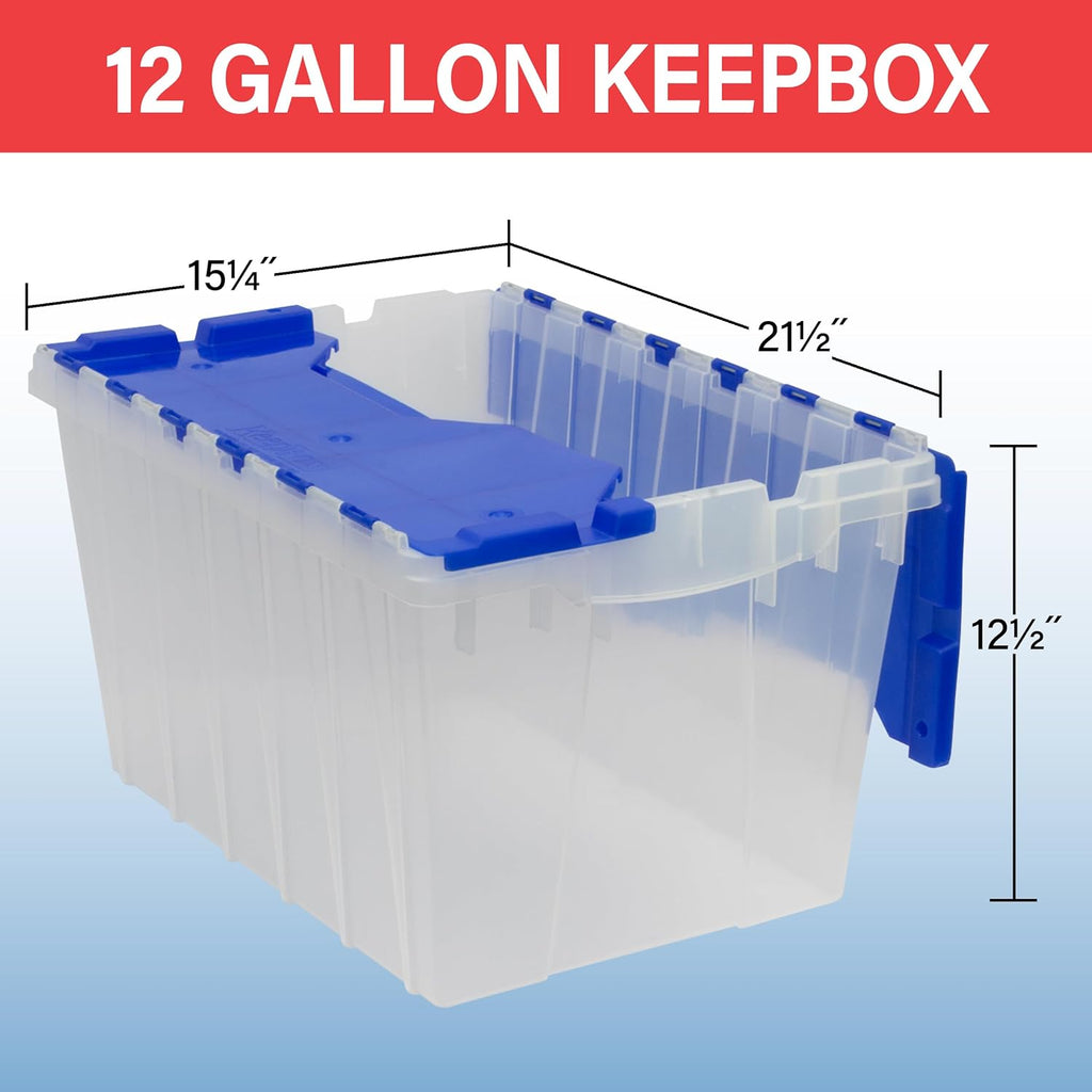 Akro-Mils KeepBox 12 Gallon Storage Container, Nesting and Stackable Plastic Storage Box with Lid Attached, Clear Tote for Garages, Closets, Moving, 21-1/2" x 15" x 12-1/2", Clear/Blue, Pallet of 48