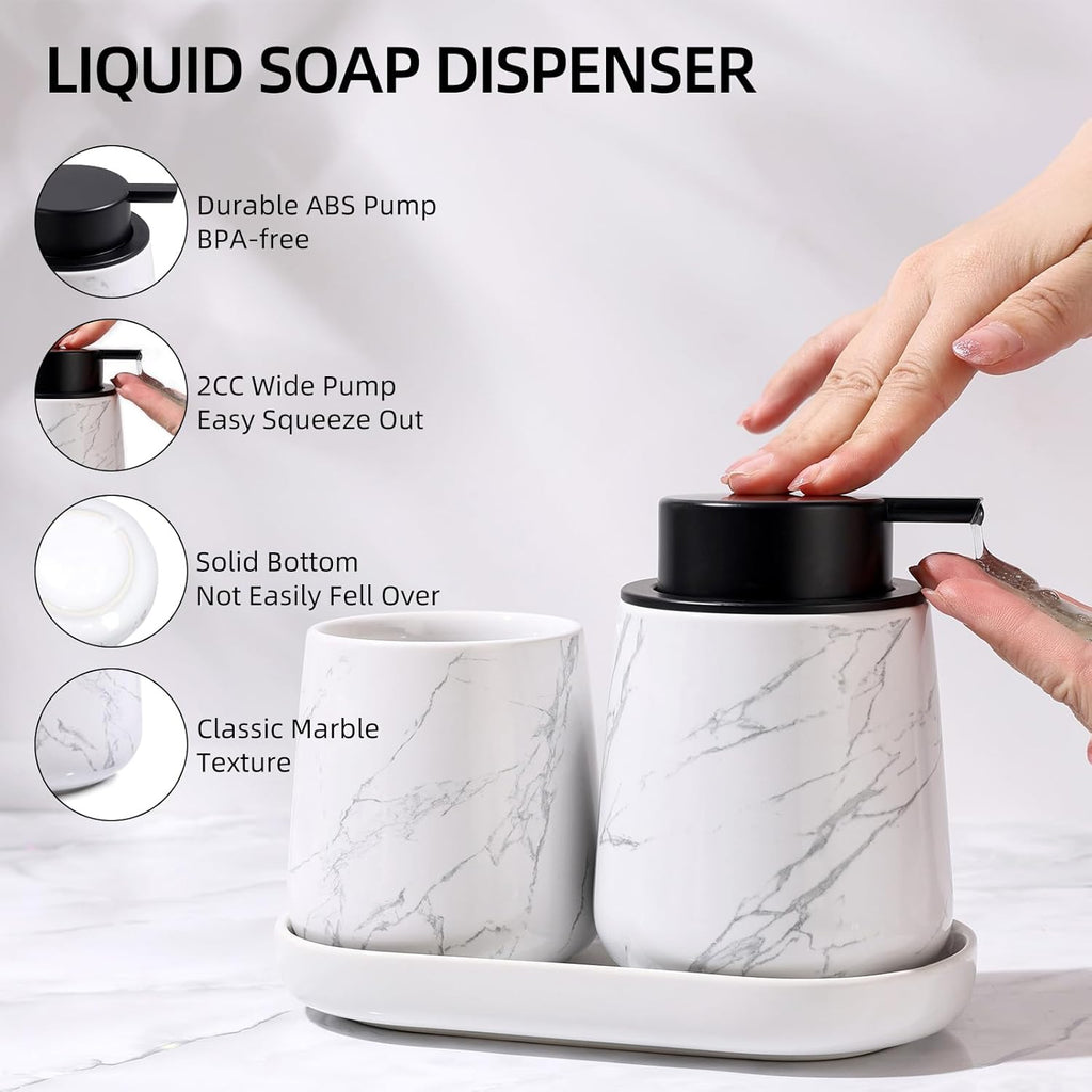 BosilunLife Marble Bathroom Accessory Set - 3 pcs Ceramic Bathroom Soap Dispenser Set Farmhouse Bathroom Counter Decor Set Accessories, Soap Dispenser and Toothbrush Holder, Tray