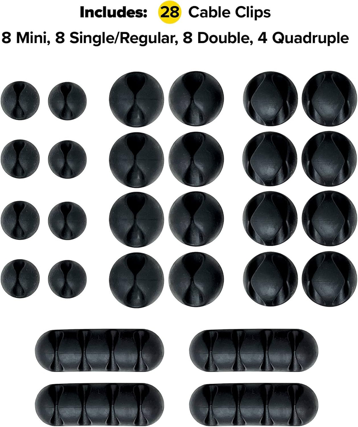 Wrap-It Storage Cable Clips - (Assorted 28-Pack) Black - Desk and Nightstand Cable Holder for Phone and Bedside Table Cord Organizer