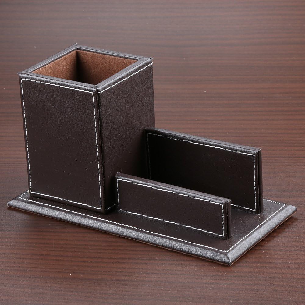 KINGFOM PU Leather Desk Organizer and Accessories, Pencil Holder for Desk with Business Cards Stand, School Office Supplies Collection Caddy Brown