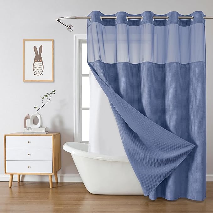 eachope MoonLightBlue No Hook Waffle Weave Shower Curtain with snap-in Liner Replacement, 230GSM Waterproof Fabric Hotel Shower Curtain Set for Bathroom, Through Mesh Top Window,71Wx77H