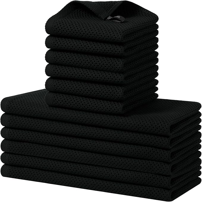 Homaxy 100% Cotton Kitchen Towels and Dishcloths Set, 12 x 12 Inches and 13 x 28 Inches, Set of 12 Bulk Kitchen Towels Set, Ultra Soft Absorbent Dish Cloths for Washing Dishes, Black