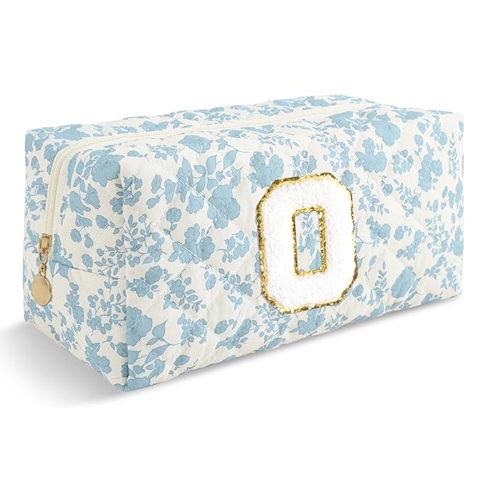 Personalized Quilted Cosmetic Bag, Puffy Monogrammed Christmas Birthday Gifts for Women & Girls, Cute initial Floral Makeup Bag Puffer Coquette Bag, Aesthetic Travel Toiletry Zipper Pouch(Blue,O)