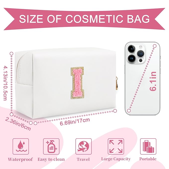 Personalized Makeup Bag Initial A-Z Preppy Patch Bag,Small PU Leather Travel Cosmetic Bag Pouch with Zipper,White Cute Toiletry Bag,Gift Ideal for Teen Girls Women Birthday Friend Mom,Letter I