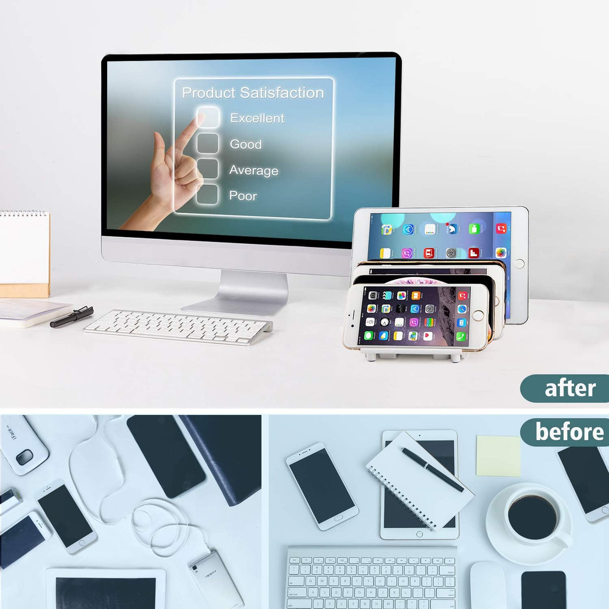 Adjustable Universal Cell Phone Dock Stand Holder, Tablet Organizer Multi Device Desktop Stand for iPhone Samsung Galaxy Google Nexus Kindle - No Charging Port (White)