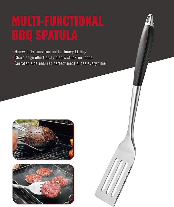 Stainless Steel BBQ Tool Set | Dark-Dyed Wood Handles | Heavy Duty Grilling Accessories | 3-Piece Outdoor Barbecue Grill Utensil Set with Spatula, Fork, and Tongs - Ideal Gift for Men…