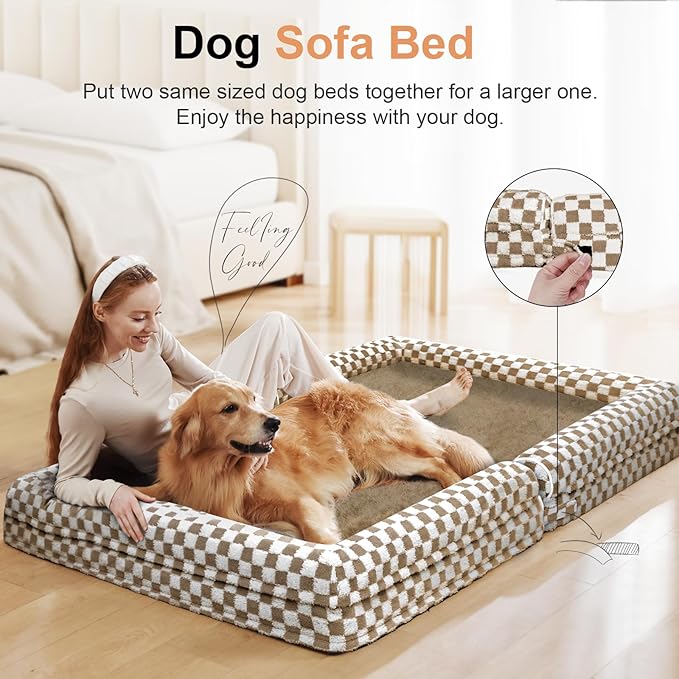 Large Dog Bed Orthopedic Washable: Beds Bolster XL Bed Big XLarge Dogs Egg Crate Foam Couch Sofa Waterproof with Removable Cover - Brown Grid