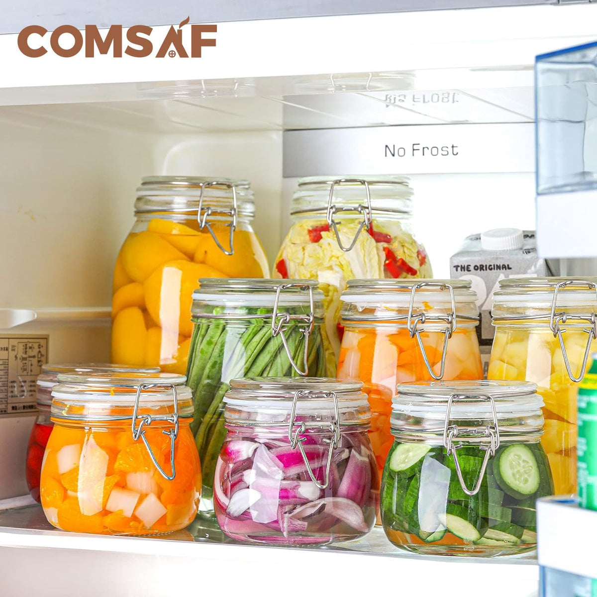 ComSaf Airtight Glass Canister Set of 6 with Lids 17oz Food Storage Jar Round - Storage Container with Clear Preserving Seal Wire Clip Fastening for Kitchen Canning Cereal,Pasta,Sugar,Beans,Spice