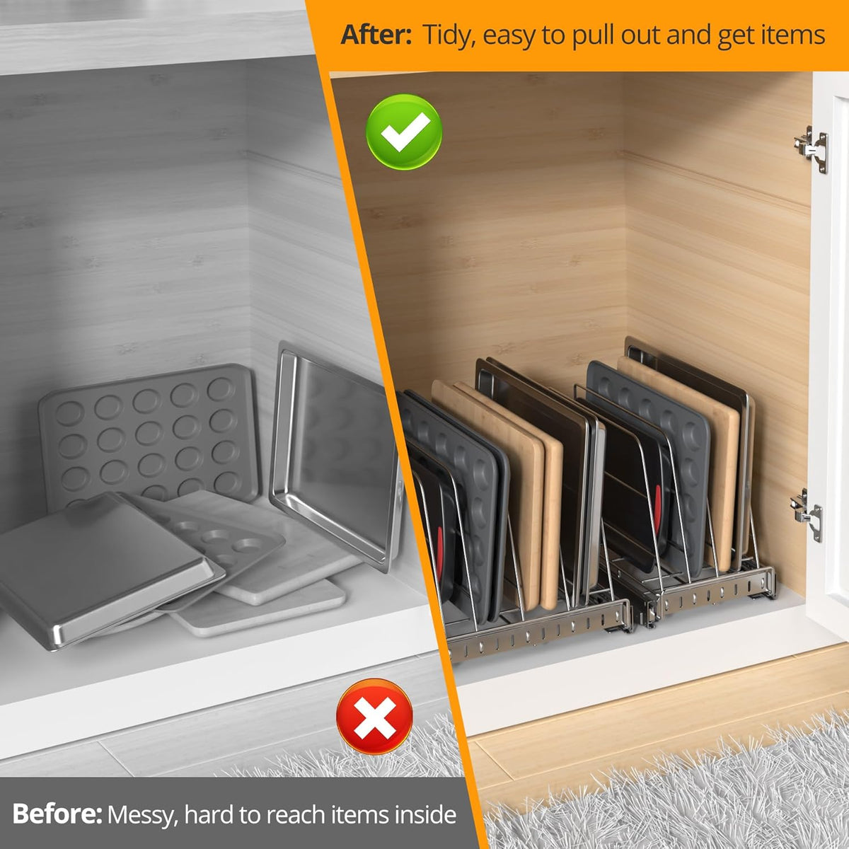 Pull Out Cabinet Organizer for Cutting Board, Cookie Sheet, Baking Sheet, Stainless Steel Sliding Rack for Bakeware & Trays, Heavy-Duty Cutting Board Organizer (9” x 16.5” (22.8 x 41.8 cm))
