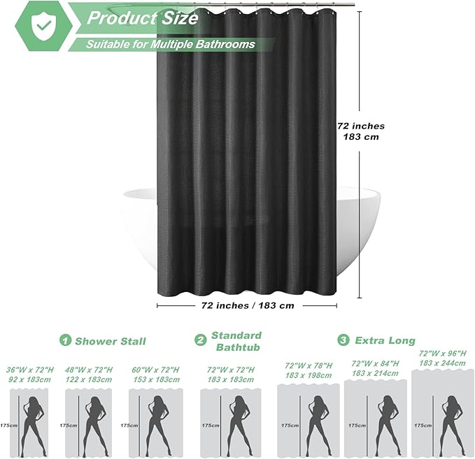 meioro Charcoal Grey Shower Curtain, Waffle Weave 256GSM Heavy Duty Textured Fabric Shower Curtains for Bathroom Hotel Spa, Luxury Weighted Polyester Cloth Bath Curtain Set with 12 Hooks, 72Wx72H
