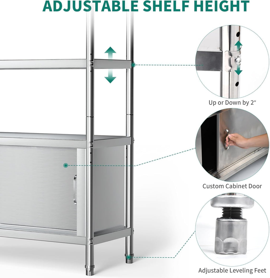 YITAHOME Stainless Steel Shelves 4 Tier, 48x18x60in Storage Shelf Unit with Cabinet, NSF Heavy Duty Floor Mount Shelving for Kitchen Garage Office Restaurant Warehouse, Indoor