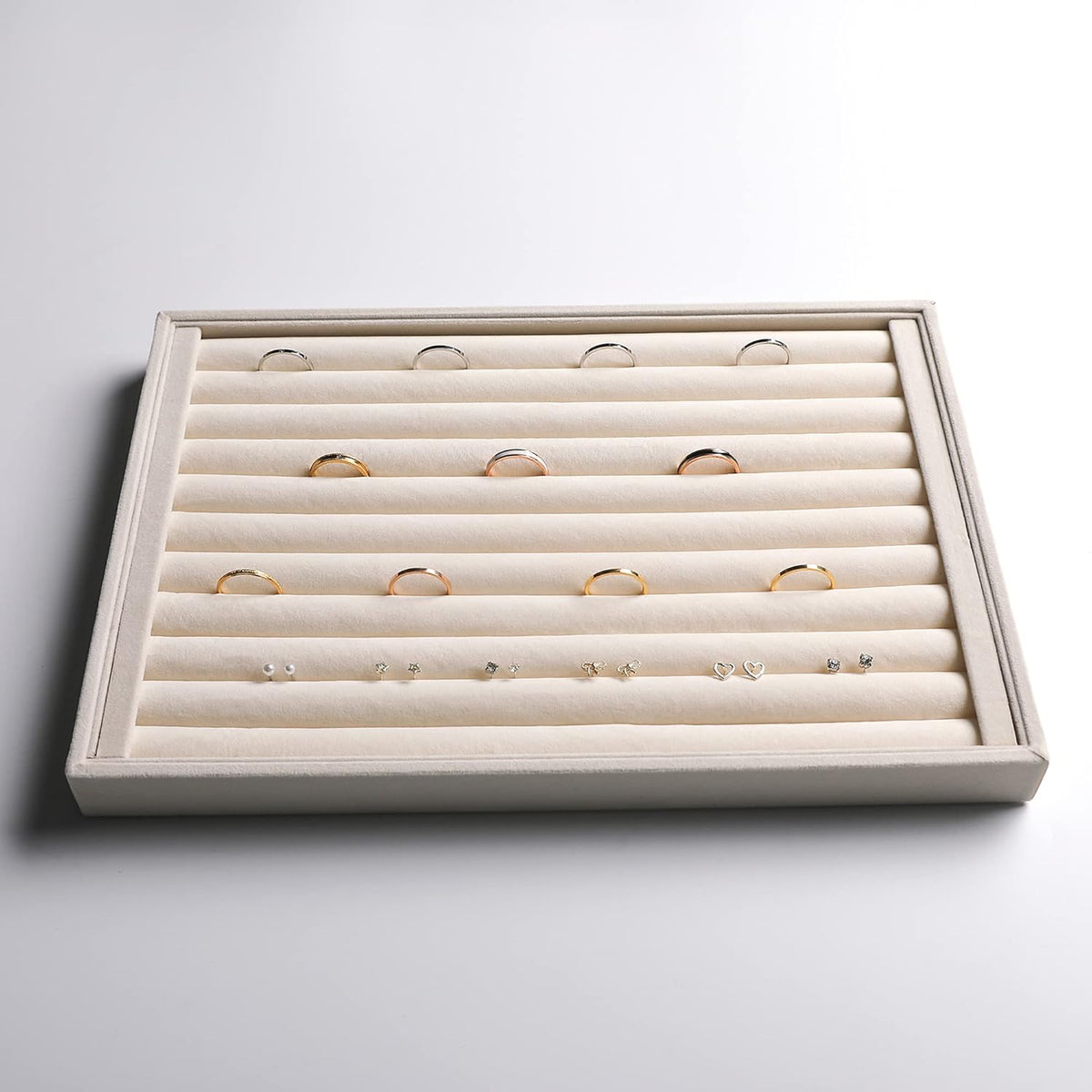 Frebeauty Stackable Velvet Jewelry Organizer Trays for Drawers Inserts Jewelry Storage Tray Display Case Earrings Bracelets Necklace Rings Accessories Trays for Women Girls(Set of 4)（Beige