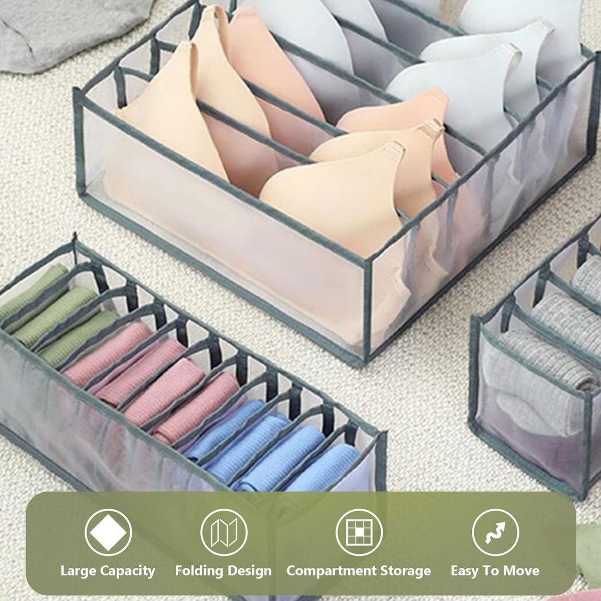 TOOVREN Socks Organizer 2 Pack, sock drawer organizer, sock drawer organizer divider, Cabinet Closet Organizers and Storage, Mesh Foldable Compartment Boxes for Storing Socks, Underwear, Ties, Panties