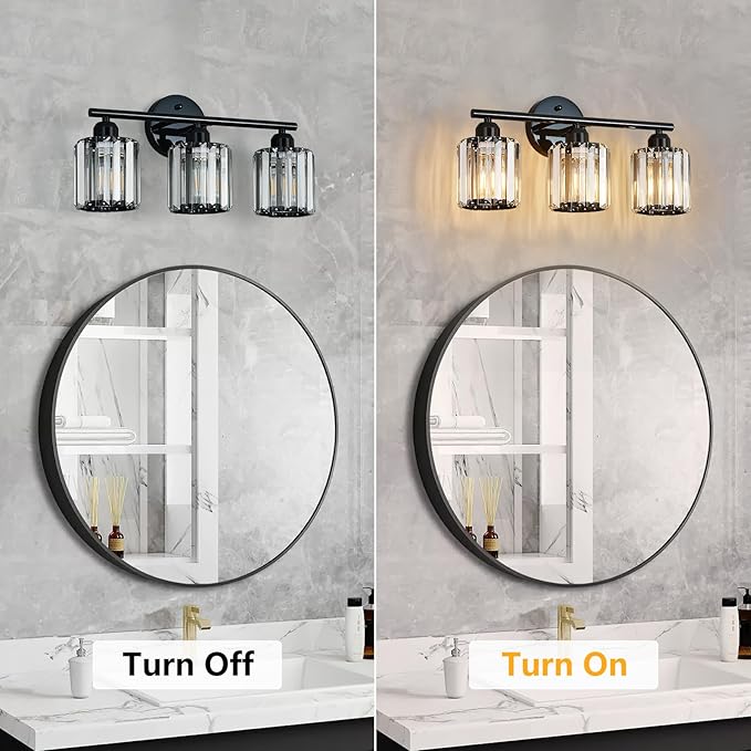 FDPBY Modern 3 Light Crystal Vanity Light, Plating Black Vertical Bathroom