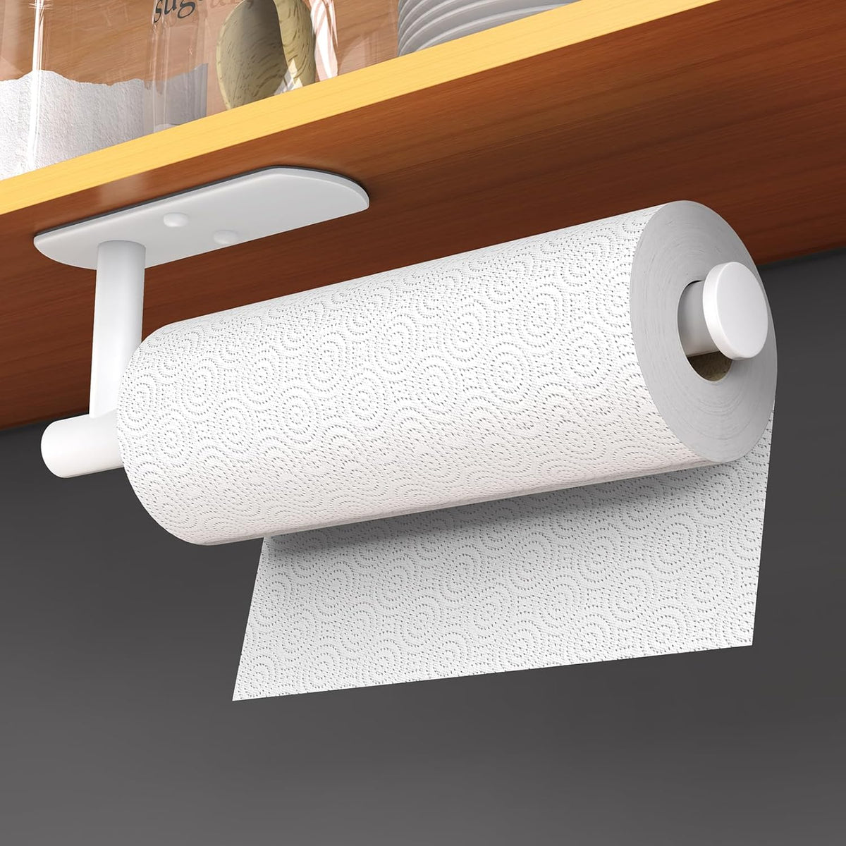 HUFEEOH Adhesive Paper Towel Holder Under Cabinet Wall Mount for Kitchen Paper Towel, Stainless Steel Paper Towel Roll Rack for Bathroom Towel (Thick, White)