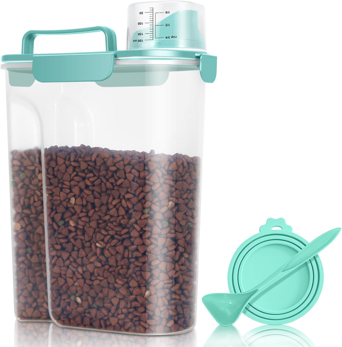 Pet Dog Cat Food Storage Container 5 to 7 lbs with Can Cover and Mixing Spoon, Airtight Travel Pet Food Storage Dispenser with Easy-pouring Spout & Cup, Kibble Dog Treat Bird Seed Container -Cyan