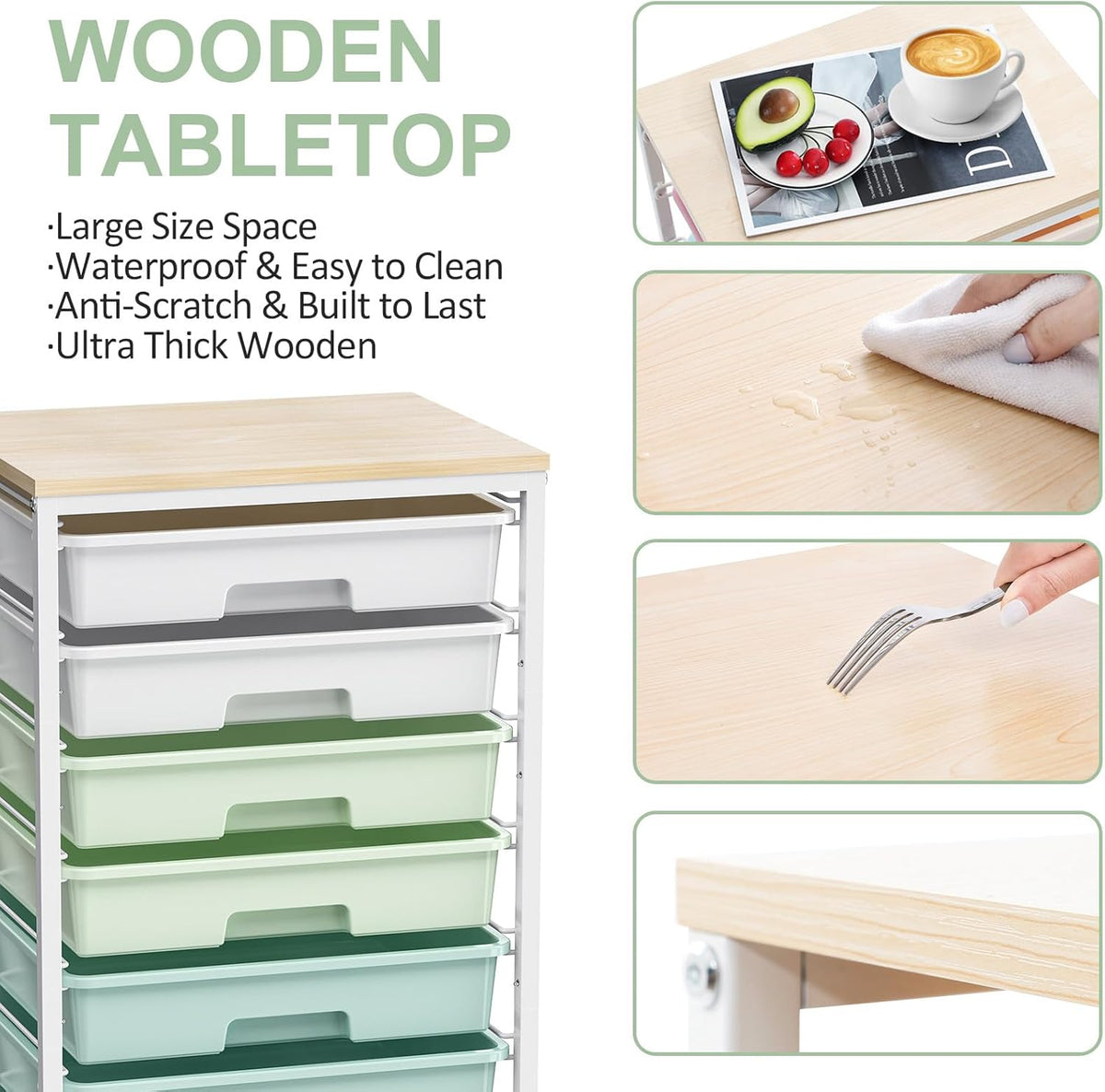 Rolling Storage Utility Cart Organizers with 8 Drawers and Wooden Tabletop for Living Room,Office,Classroom,Craft Room,Bedroom,Dorm,Green