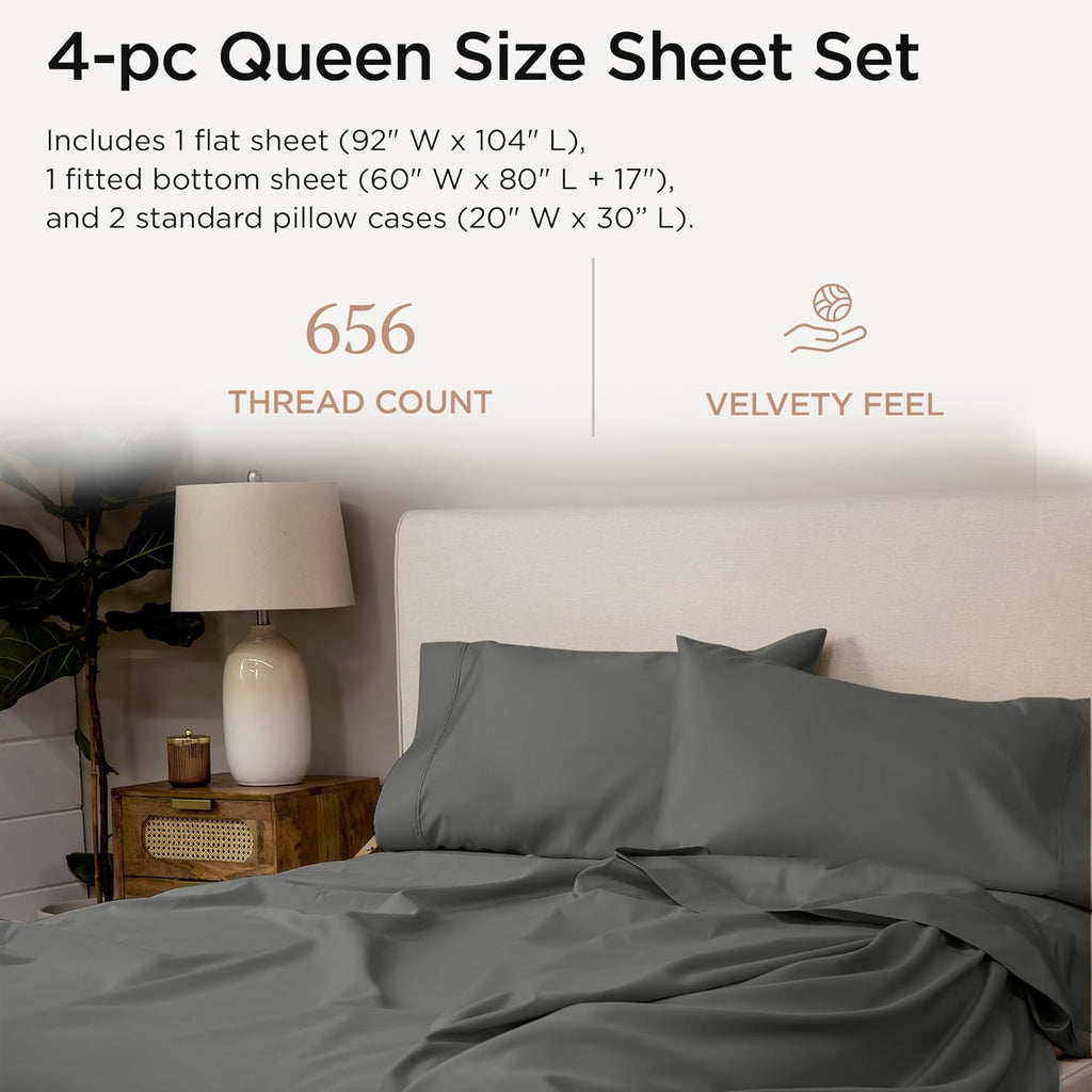 Threadmill Supima Cotton Sheets Queen | 656 Thread Count Queen Sheets for Queen Mattress | 4 Piece Luxury Bed Sheets | Sateen Weave Hotel Quality Sheet with Elasticized Deep Pocket | Dark Grey Sheet