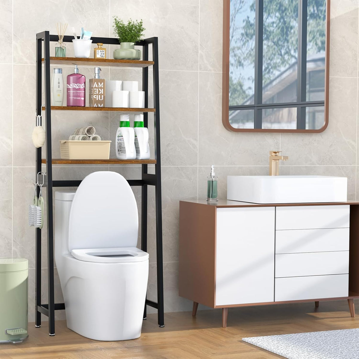 VASMIA Over The Toilet Storage Shelf,3-Tier Bathroom Organizer Over Toilet Storage Cabinet,Freestanding Space Saver with 3 Hooks Black and Rustic Brown