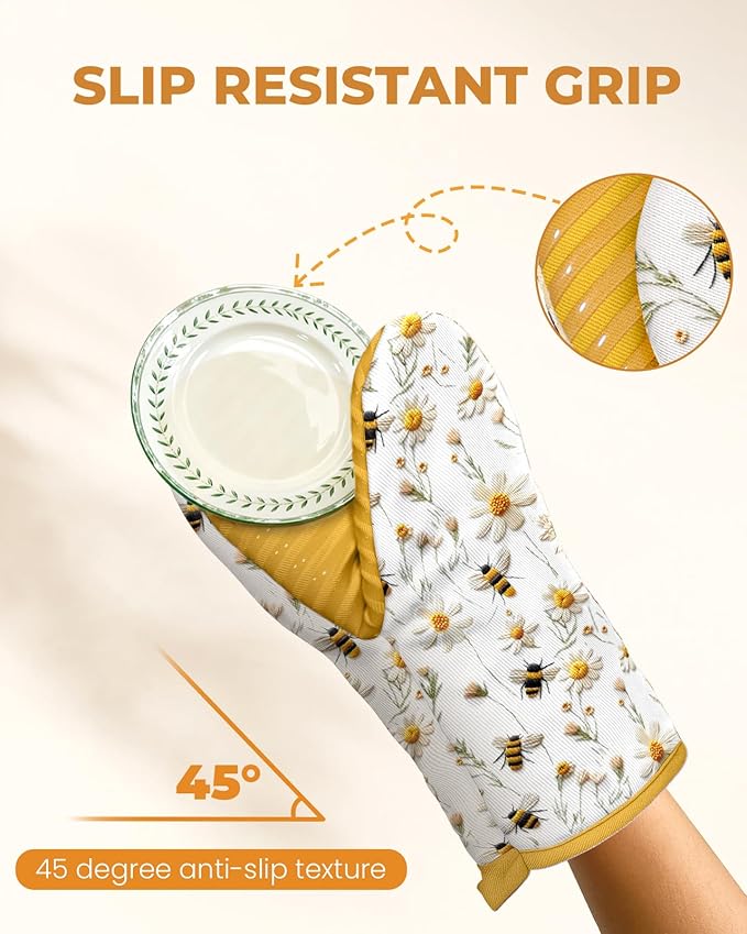 Slohif Bee Mini Oven Mitts Set – Yellow Extended Short Heat Resistant Kitchen Gloves for Women, 100% Cotton Oven Mitts with Silicone Grips, Non-Slip and Thick Durable for Cooking & Baking