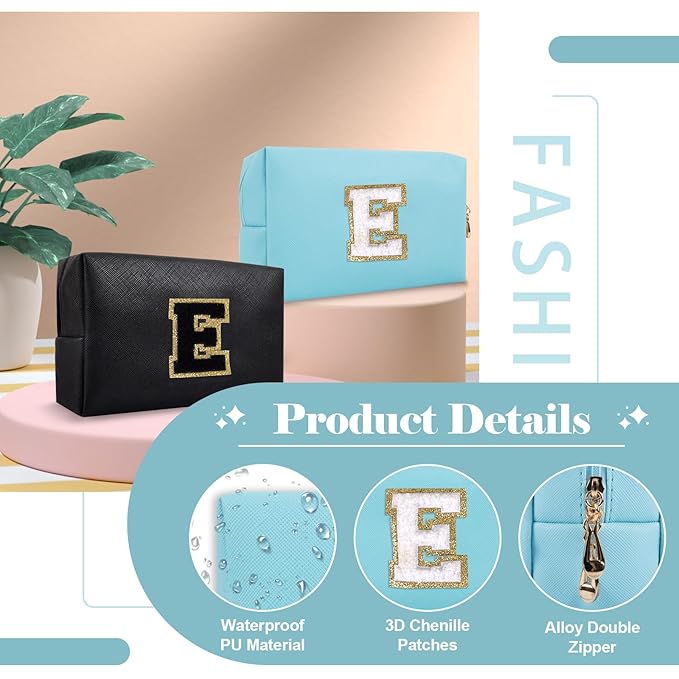 Small Personalized Initial A-Z Preppy Patch Makeup Bag,PU Chenille Letter Travel Cosmetic Pouch with Zipper,Blue Cute Toiletry Bag,Gift Ideal for Teen Girls Women Teacher Bridesmaid,Letter E