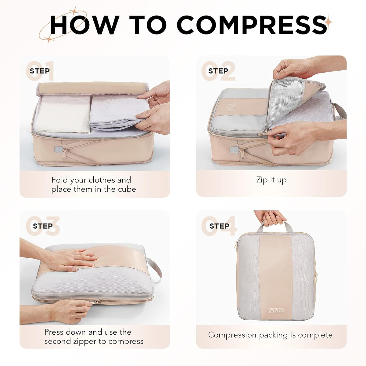 6 Set Compression Packing Cubes for Travel Essentials,Compressible Expandable Packing Cubes for Suitcase,OlarHike Luggage Organizer Bags for Travel,Handy Helper for Organizing Clothes(Beige)