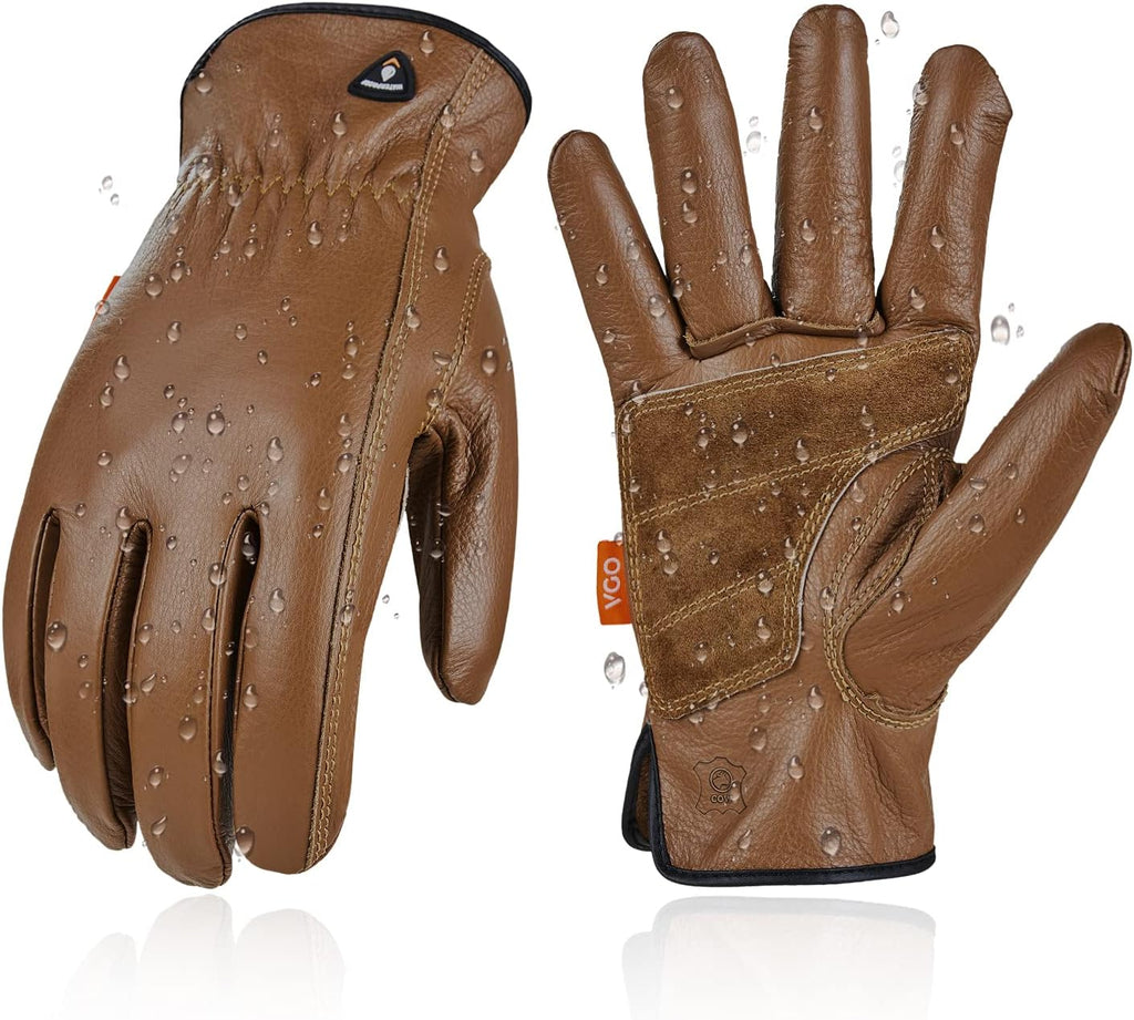 Vgo... 1-Pair Unlined Safety Cow Grain Leather Work Gloves Men, Rigger Gloves, Builder Gloves, Water Resistant, Palm Patched (Size L, Brown, CA9597WP)