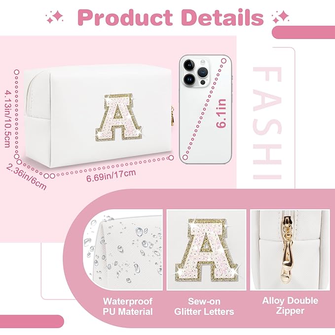 Small Initial Patch Makeup Bag Personalized Gifts Make Up Bag,White Cute PU Leather Glitter Letter Cosmetic Bag with Zipper,Trendy Portable Travel Toiletry Pouch,Preppy Stuff for Teen Girls Women A