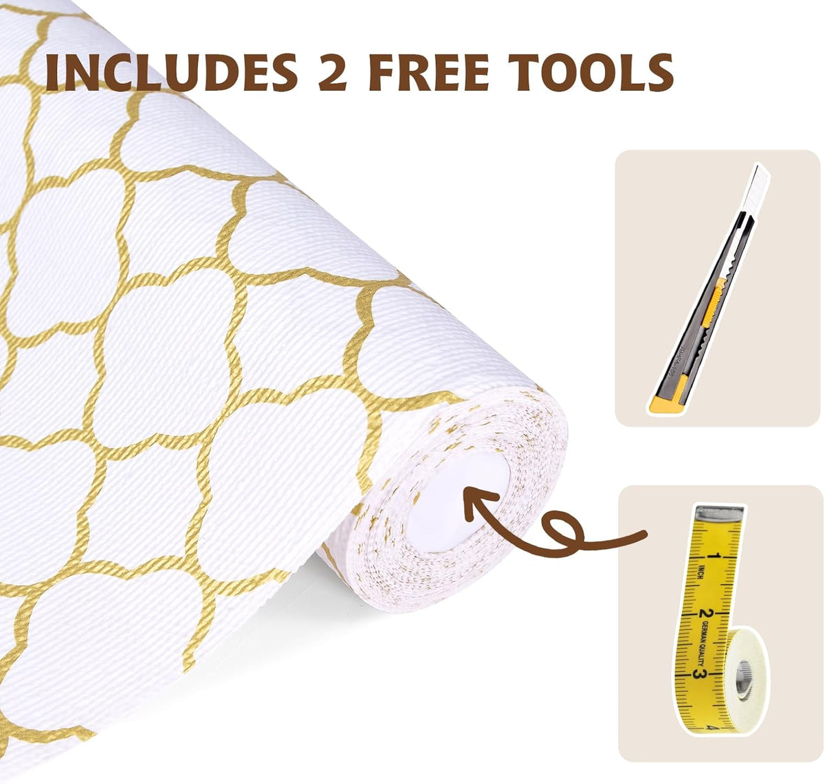 Shelf Liners for Kitchen Cabinets 17in x 30FT Non Adhesive Drawer Liner Gold Quatrefoil Thickened Shelf Liner Paper Strong Non-Slip Easy to Clean for Tool Box Refrigerator with Knife and Tape Measure
