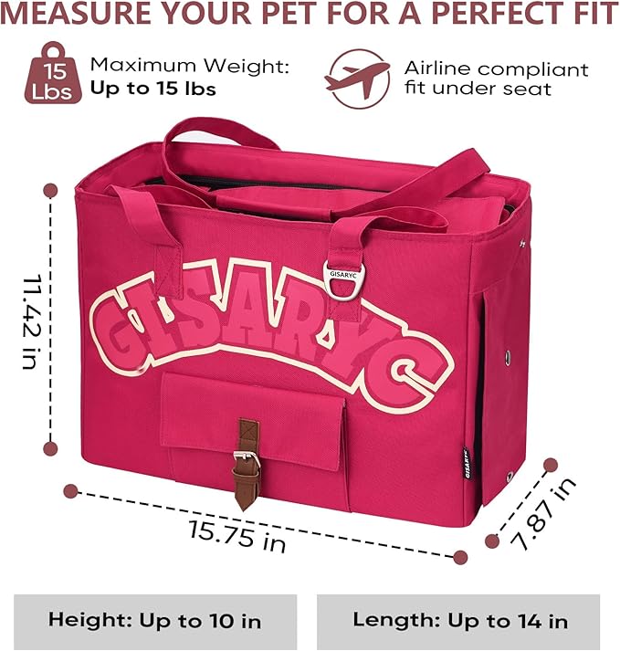 Dog Purse Carrier for Small Dogs, Cats and Puppies – Soft-Sided Foldable Pet Travel Bag with Multi Pockets, 3-Sided Mesh & Rollable Cover for Nervous Cats, Fits Pets up to 15 lbs (Berry Red)