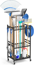 Garden Organizer With Wheels, Yard Tower Rack for Garage Storage, Up to 35 Long-Handled Tools, Sturdy Metal Steel Holder With 3 Hooks, Outdoor, Black