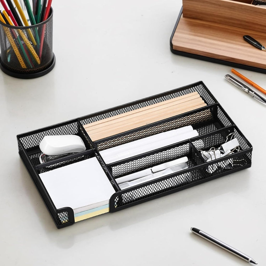 Desk Drawer Organizer Tray 6 Compartment Mesh Organizers 11x6x1.4" Small Metal Pencil Organizer Pen Pencil Tray for Home Office School Supplies Desktop Desk, Drawer org