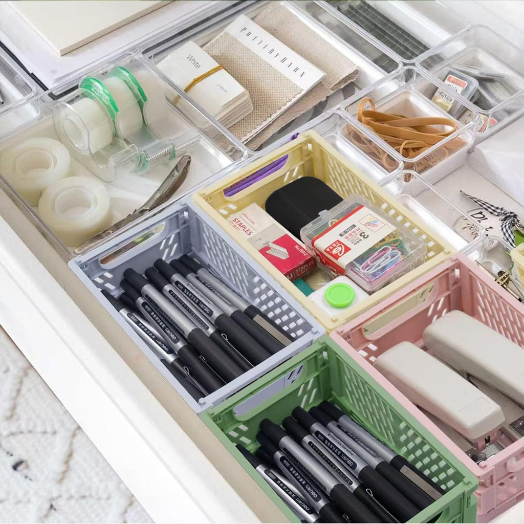 Xhwykzz 4 Pack Mini Foldable Plastic Small Baskets for Organizing and Storage, Collapsible Storage Crate for Home Bedroom Office Classroom Drawer Organizers (5.9x3.9x2.2in) Mini Size