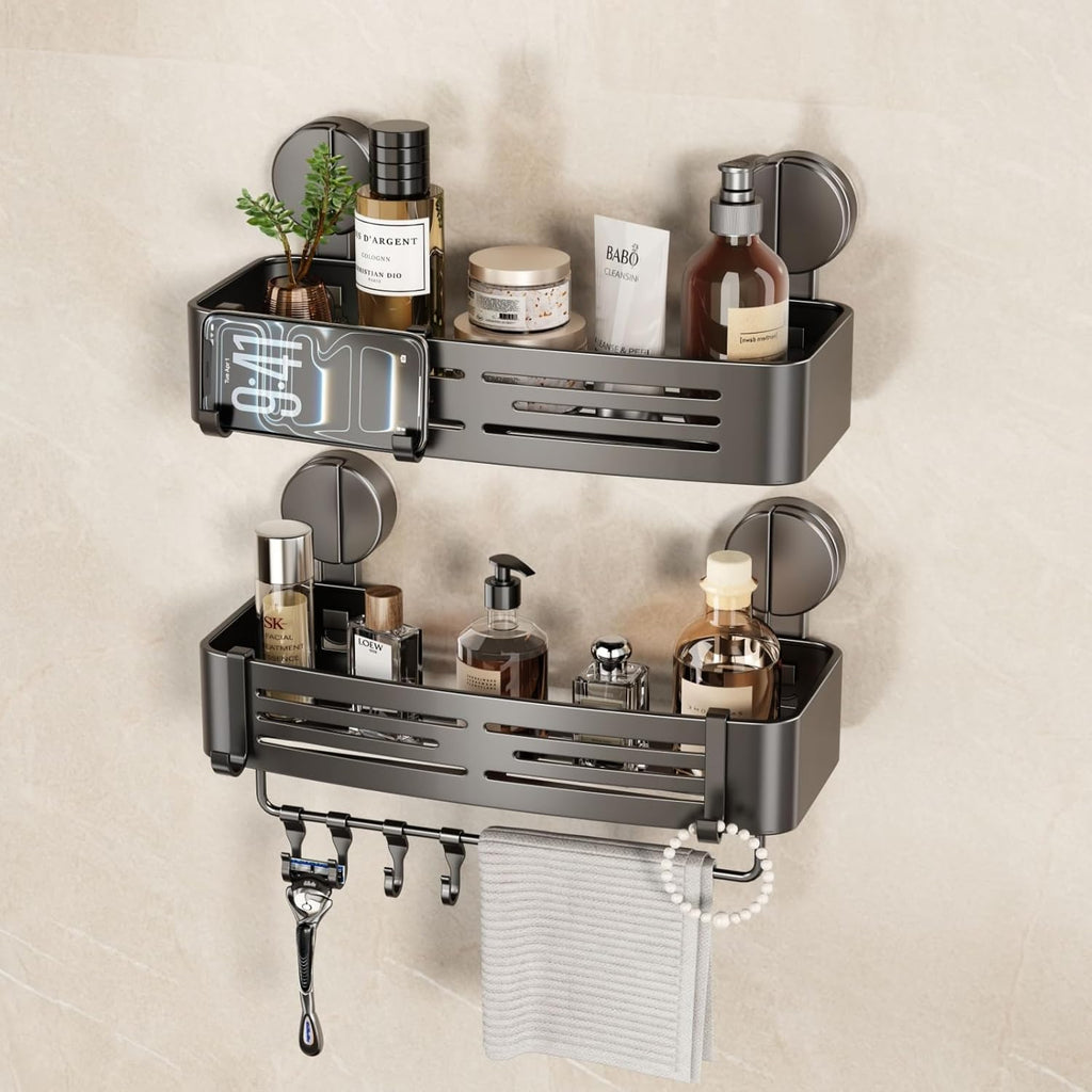 VOLPONE Shower Caddy Suction Cup No Drilling Suction Cup Shower Shelf Aluminum Bathroom Shower Organizer Storage Rack Adhesive with Towel Bar Hooks (2-Pack, Matte Gray)