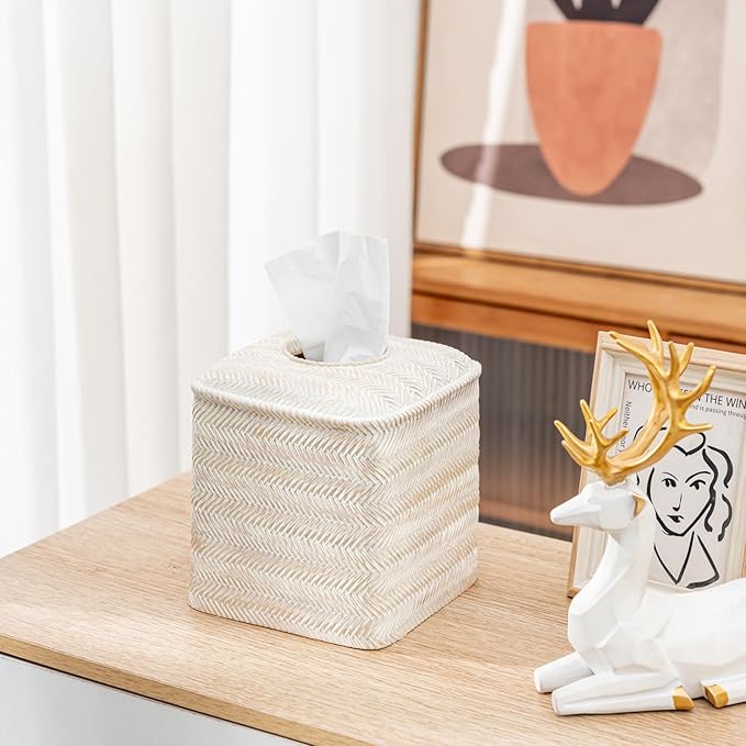 Tissue Box Cover Square Resin Tissue Holder for Home Decor,Hand Carved Wicker Tissue Box Holder,5.3 x 5.3 x 5.9 inches, Farmhouse White