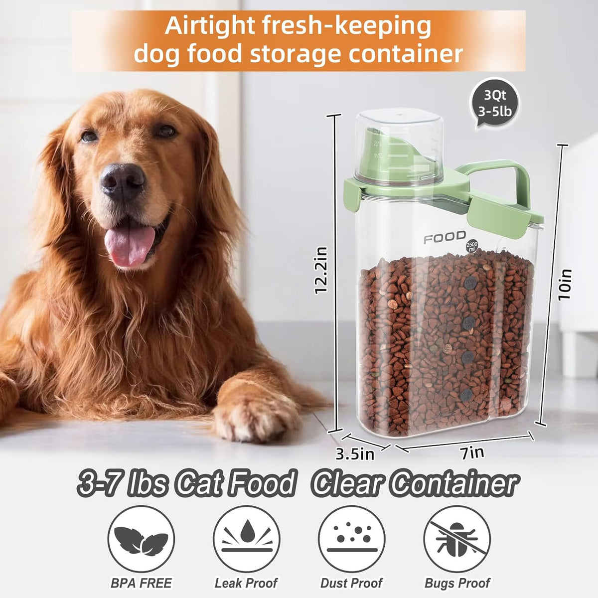 Dog Food Storage Container, Upgraded Large Nozzle BPA-free, 3-5 LBS Plastic Pet Food Storage Containers, With 4 Sealed Clasps, 1 Measuring Cup and Handle (Bright Green)