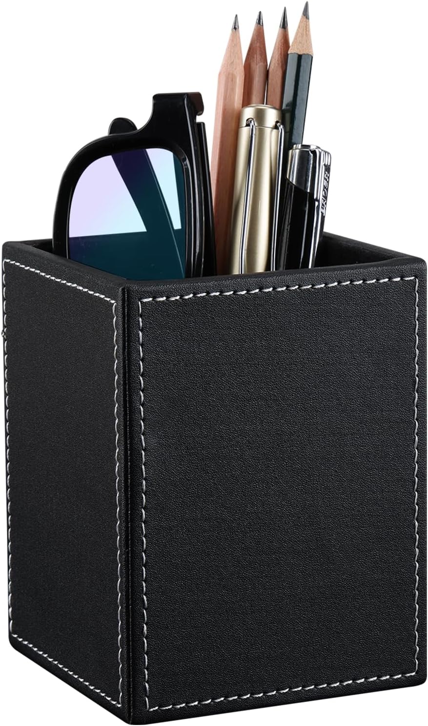 KINGFOM PU Leather Square Pens Pencils Holder Cup Desktop Stationery Organizer Case Office Accessories Container Box (black)