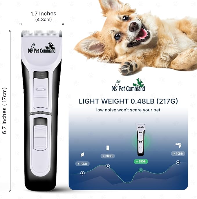 My Pet Command Professional Dog Clippers for Grooming, Cordless Rechargeable Pet Trimmers, Heavy Duty Dog Clippers for Thick Coats, Low Noise, Light Weight