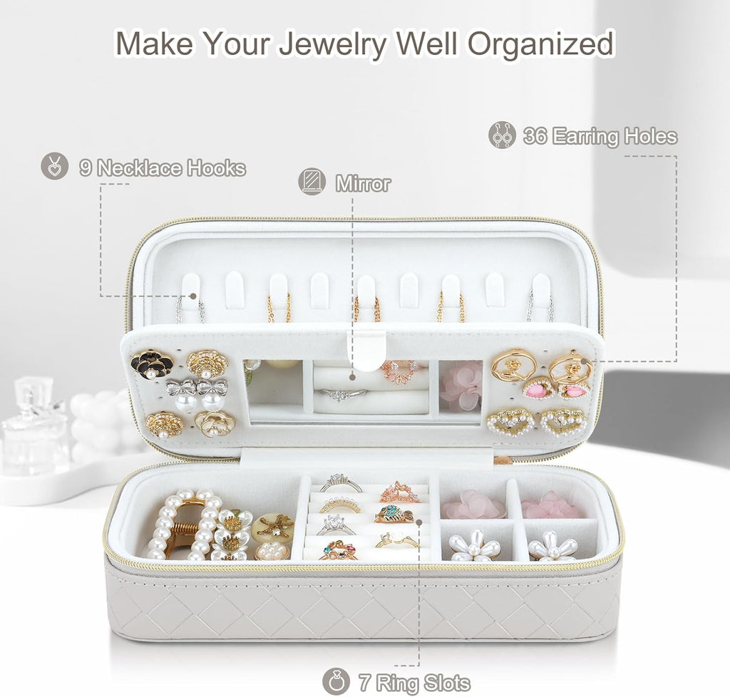 DesignSter Jewelry Organizer, Small Portable Travel Jewelry Storage for Women, Woven Embossed PU Jewelry Case with Mirror for Ring Earring Necklace Bracelet