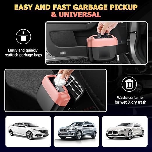 Car Trash Can with Lid, Built-in Storage Garbage Bag, Vehicle Trash Accessories for Interior, Mini Garbage Bin for Automotive, Home, Office, Kitchen, with 30pcs Trash Bags…