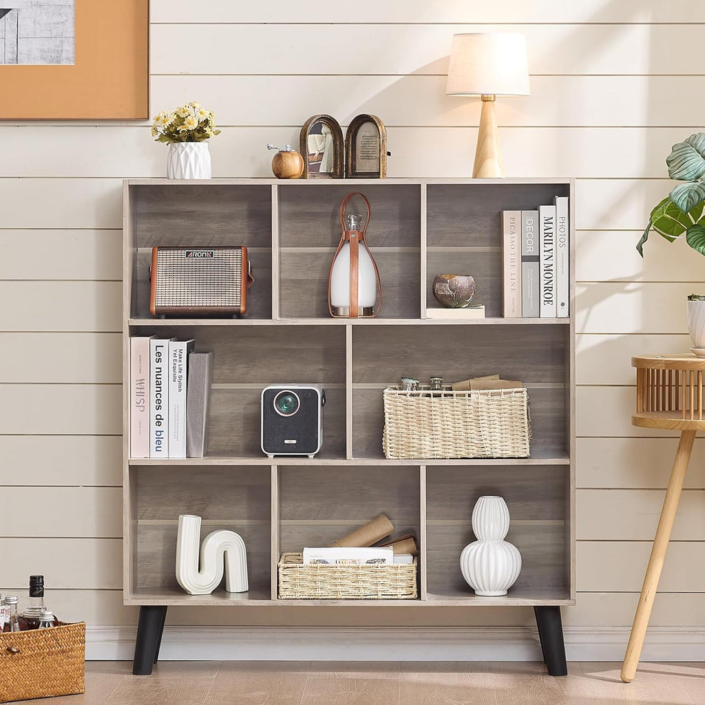 LEYAOYAO 8 Cube Bookshelf,3 Tier Bookcase with Legs,Modern Grey Mid-Century Bookshelves,Large Farmhouse Open Storage Organizer Shelf, Retro Wooden Display Book Case for Bedroom,Living Room,Office