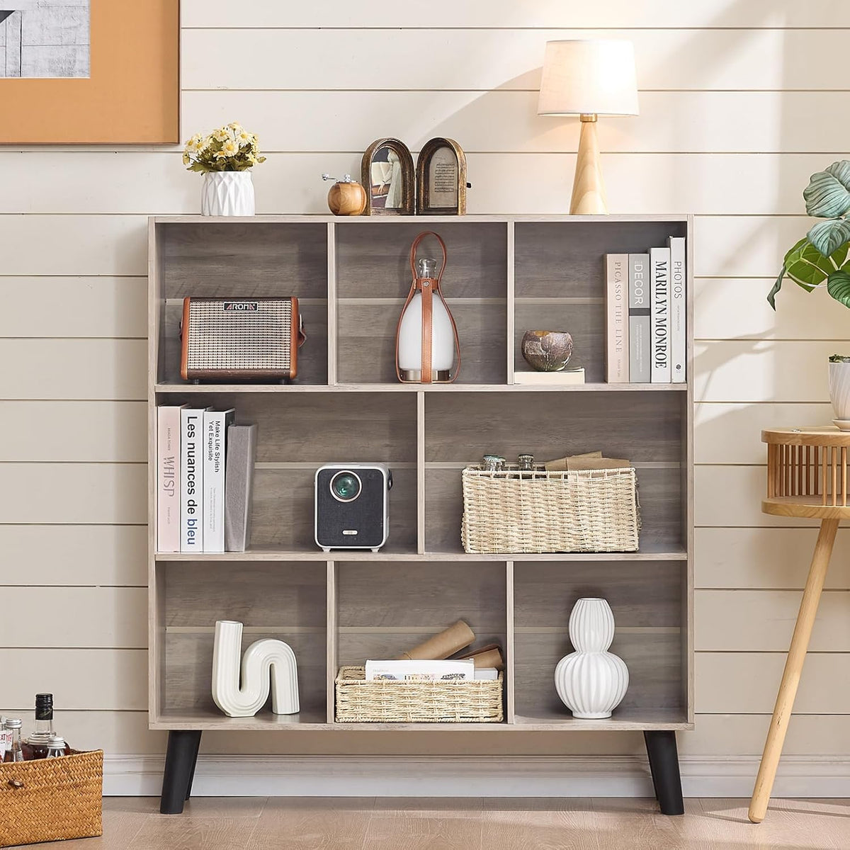 LEYAOYAO 8 Cube Bookshelf,3 Tier Bookcase with Legs,Modern Grey Mid-Century Bookshelves,Large Farmhouse Open Storage Organizer Shelf, Retro Wooden Display Book Case for Bedroom,Living Room,Office