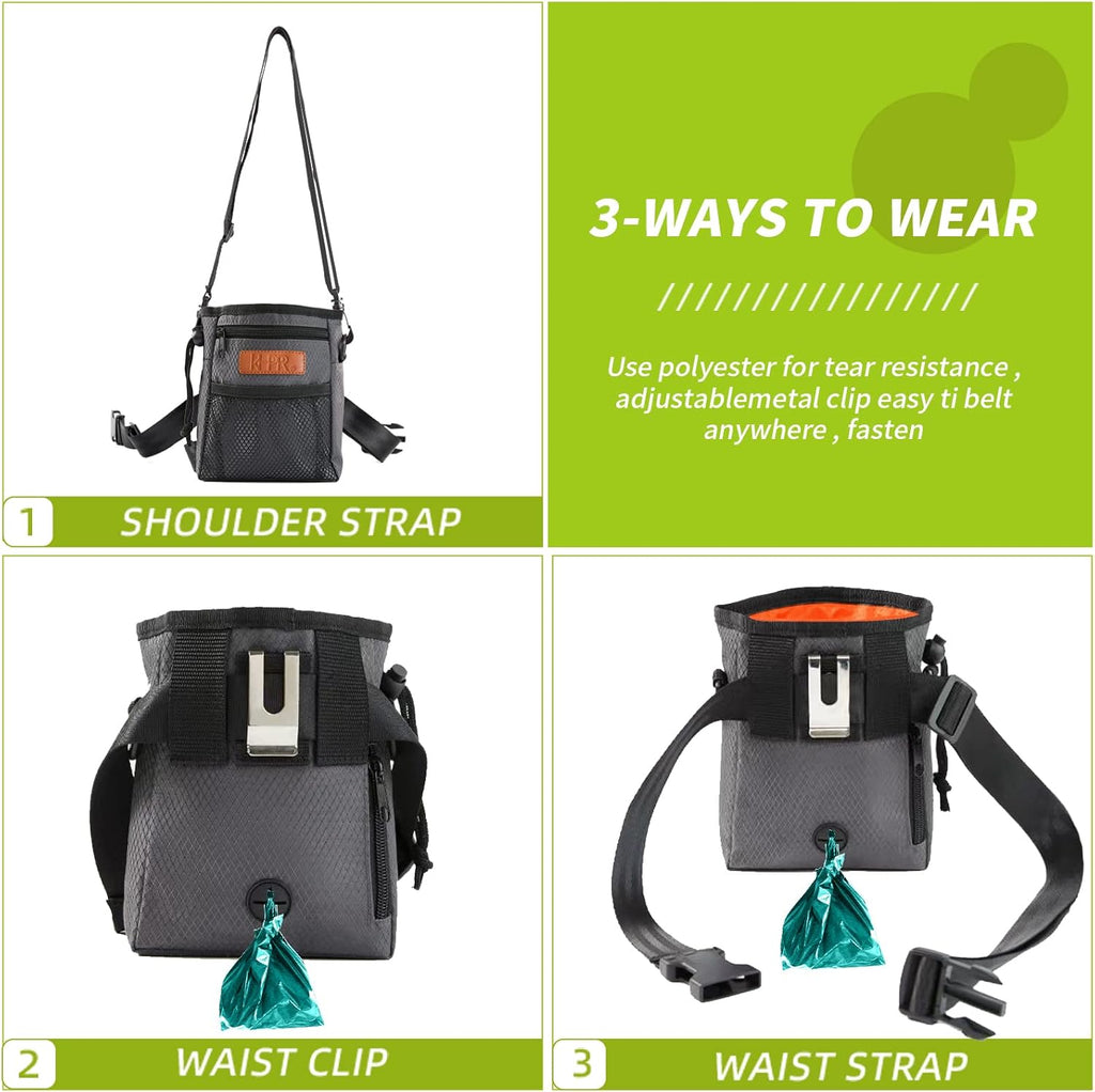 Dog Treat Training Pouch Easily Carries Pet Toys Kibble,Treats Built-in Poop Bag Dispenser 3 Ways to Wear Comes with a Foldable Silicone Bowl(Dark Grey)