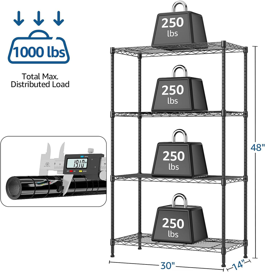 1000 lbs 4Tier Shelf Metal Storage Shelves Wire Rack Closet Organizers with Wheel for Garage Kitchen Bathroom Laundry Black 13.7" D x 29.5" W x 47.2" H