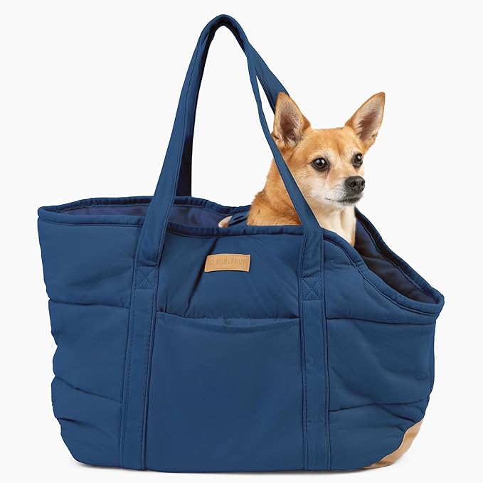 NoblePup Plush Dog Purse Carrier for Small Dogs, Soft Dog Tote Bag with Safety Harness Clip, Cozy Pet Carrier for Dogs Under 15 lbs, Comfortable Dog Shoulder Carrier for Travel, Dark Blue