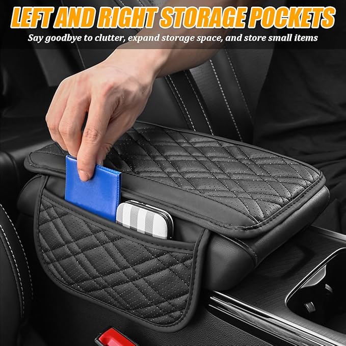 Car Center Console Cover, Leather Vehicle Armrest Cushion Pad with 2 Storage Bags, Comfortbale Automotive Interior Middle Seat Box Protector Accessories, Universal Fit (Black)