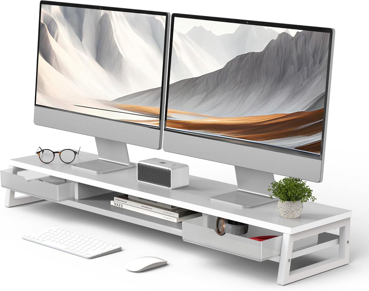 Fenge Dual Monitor Stand, Monitor Riser with Drawer, 42.5 Inch Large Computer Monitor Stand for 2 Monitors, 2 Tier Wooden Desk Shelf for Top of Desk