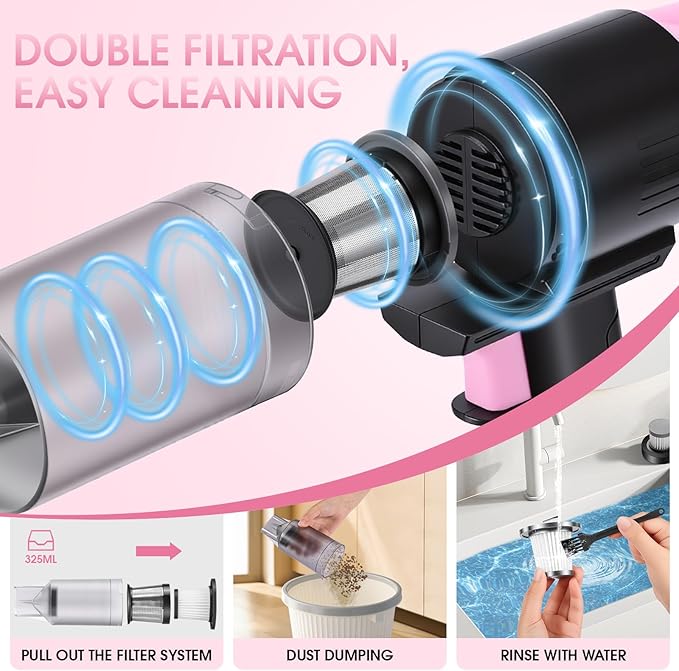 25pcs Car Cleaning Kit, Pink Interior Detailing Kit with High Power Vacuum Portable Cordless, Handheld Vacuum Cleaner for Home, Car, Pet Hair, Keyboard, Complete Auto Accessories for Gift